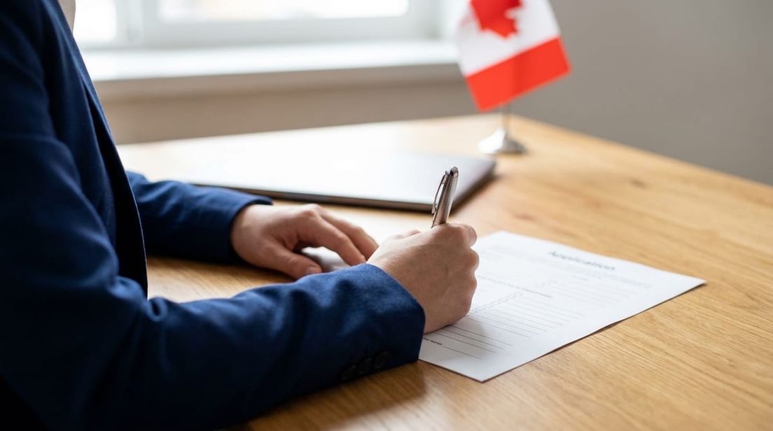 Close-up of hands in a navy blazer reviewing official eligibility documents with a pen on a wooden desk.