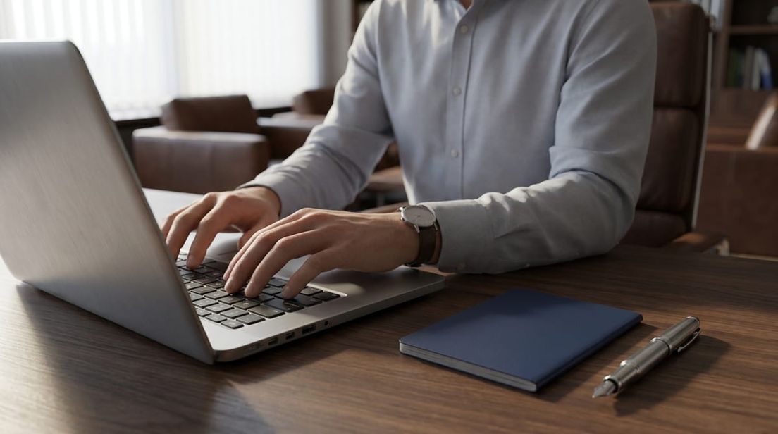 Close-up of hands typing on a laptop next to a closed passport on a wooden desk, representing an online visa application.