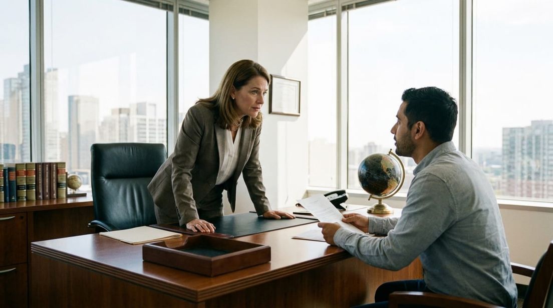 Immigration lawyer in a professional consultation with a client in a modern office