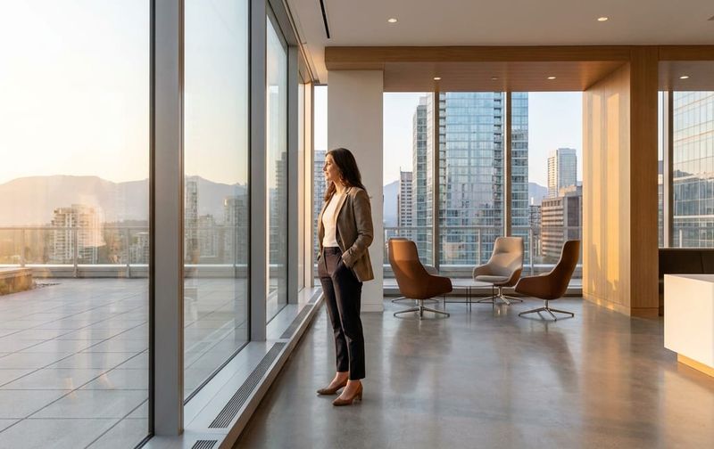 A professional looks out a large window at a bright Canadian city skyline, symbolizing opportunity and growth.