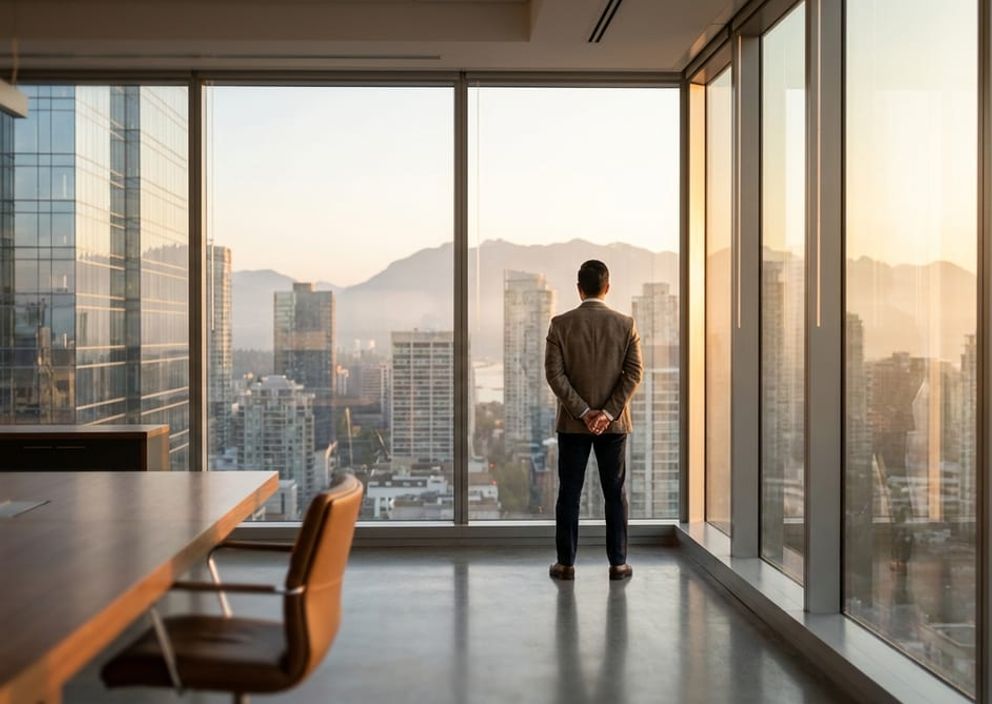 A professional looking out a high-rise window at a Canadian city skyline at sunrise, symbolizing hope and navigation.