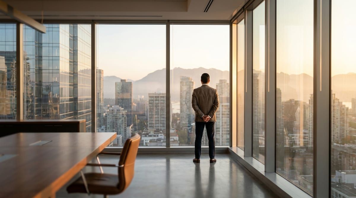 A professional looking out a high-rise window at a Canadian city skyline at sunrise, symbolizing hope and navigation.
