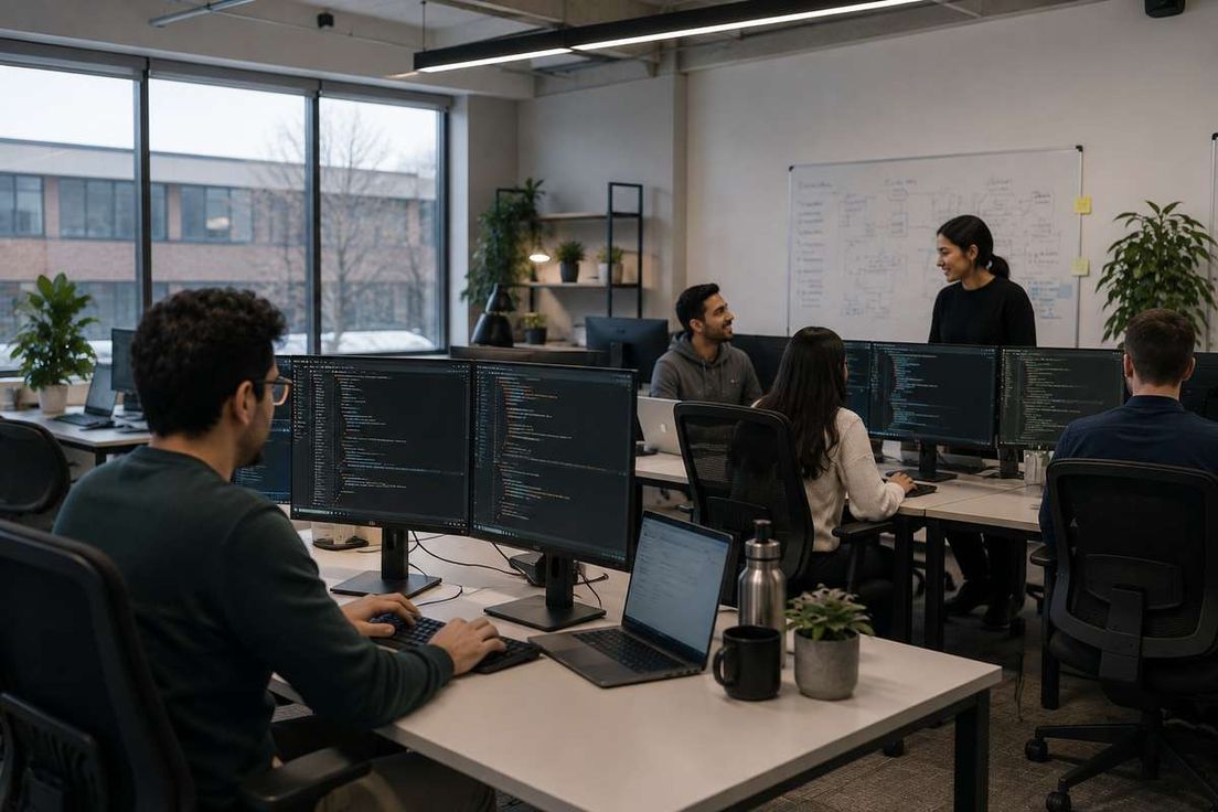 Software developers working on computer monitors displaying code in a modern office.