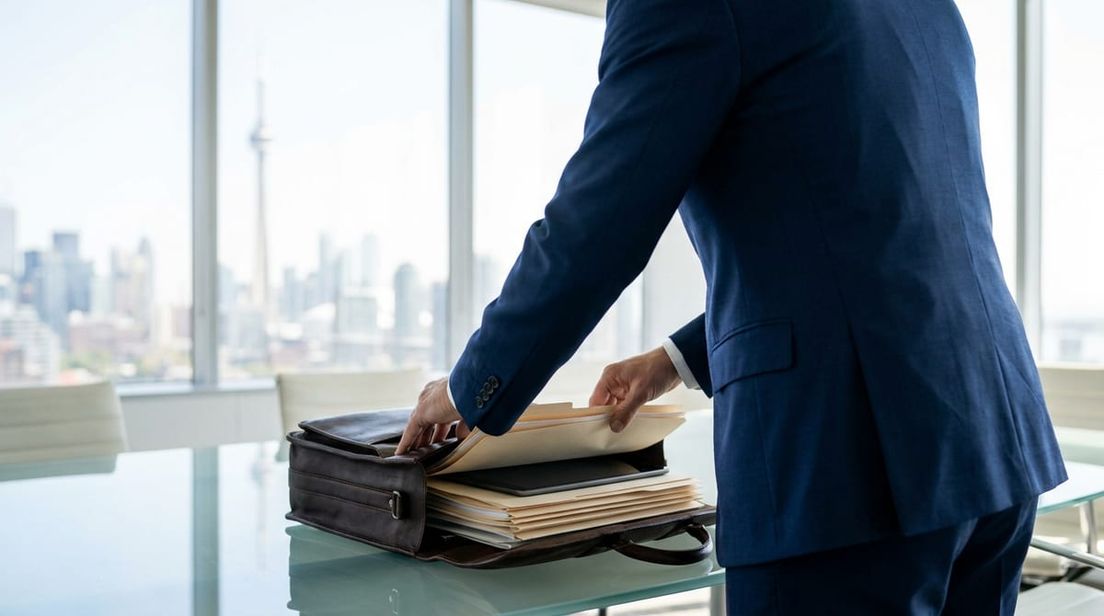 A professional in a suit opening a leather briefcase on a boardroom table with a blurred Canadian city skyline in the background.