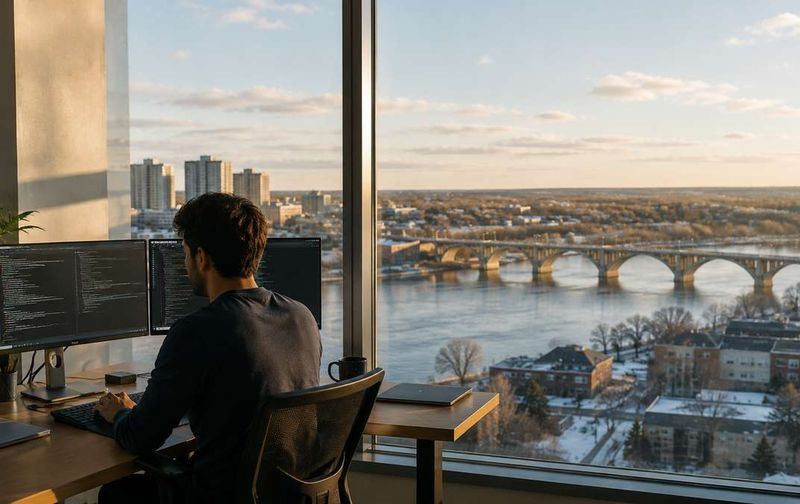 A man sits at a desk with dual monitors displaying code, overlooking a city river and bridge.