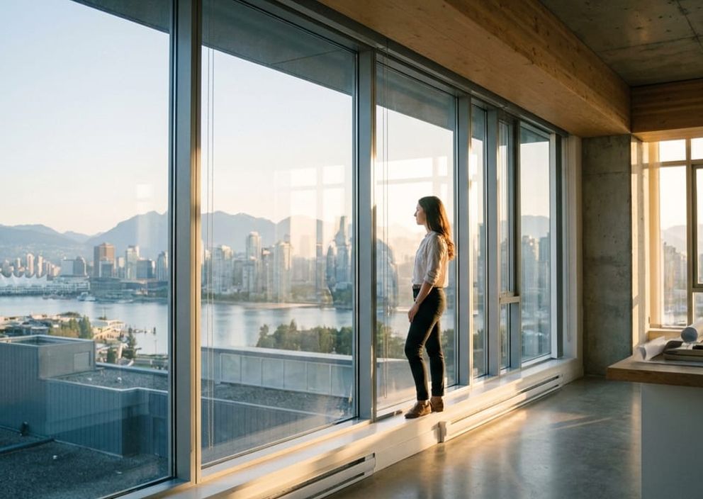A young professional standing near a high-rise window, looking out at a Canadian city skyline at morning light.