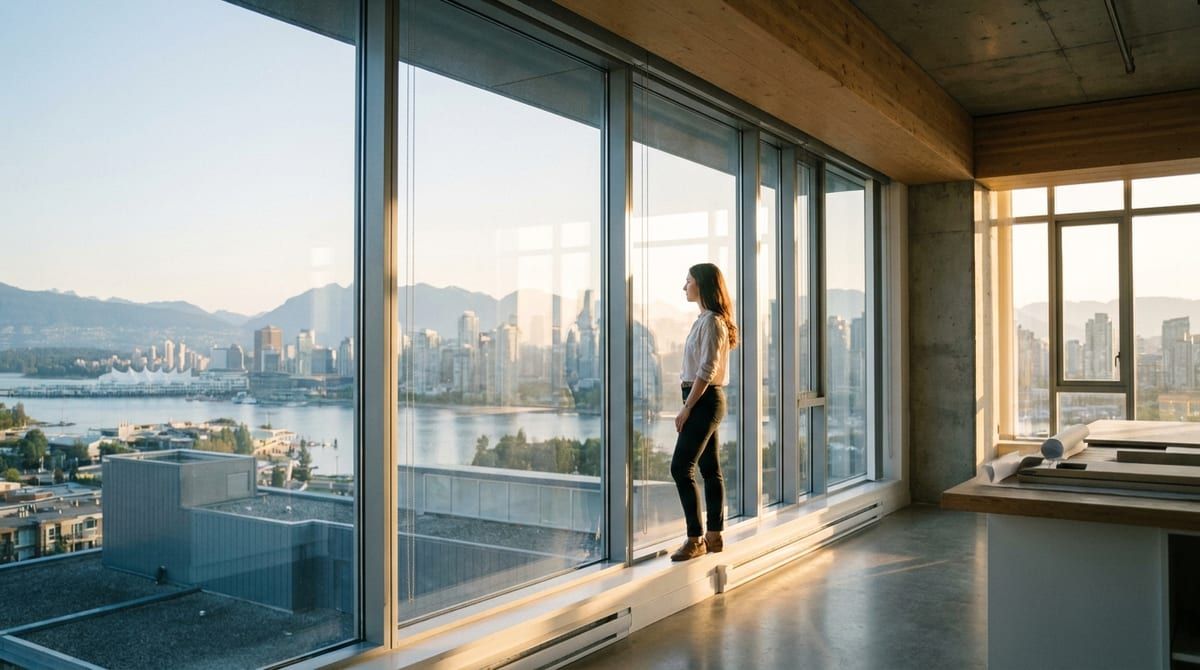 A young professional standing near a high-rise window, looking out at a Canadian city skyline at morning light.