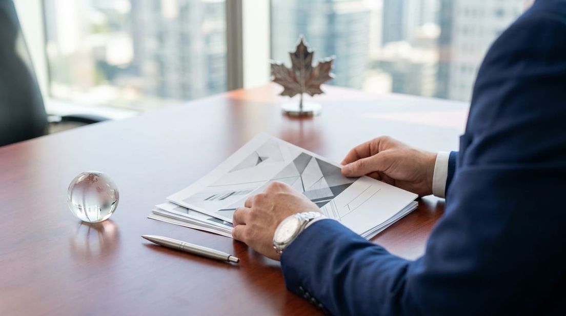 Close-up of executive hands reviewing corporate transfer documents on a desk with a glass globe and maple leaf paperweight.