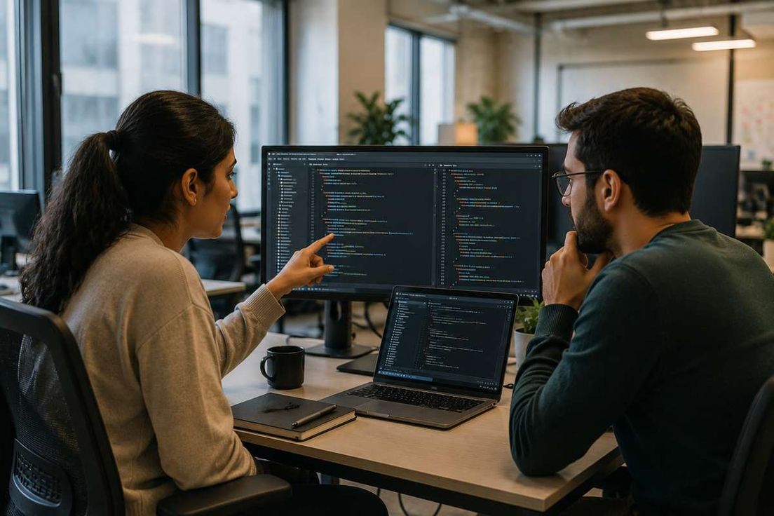 A woman points to code on a computer monitor while discussing it with a colleague in an office.