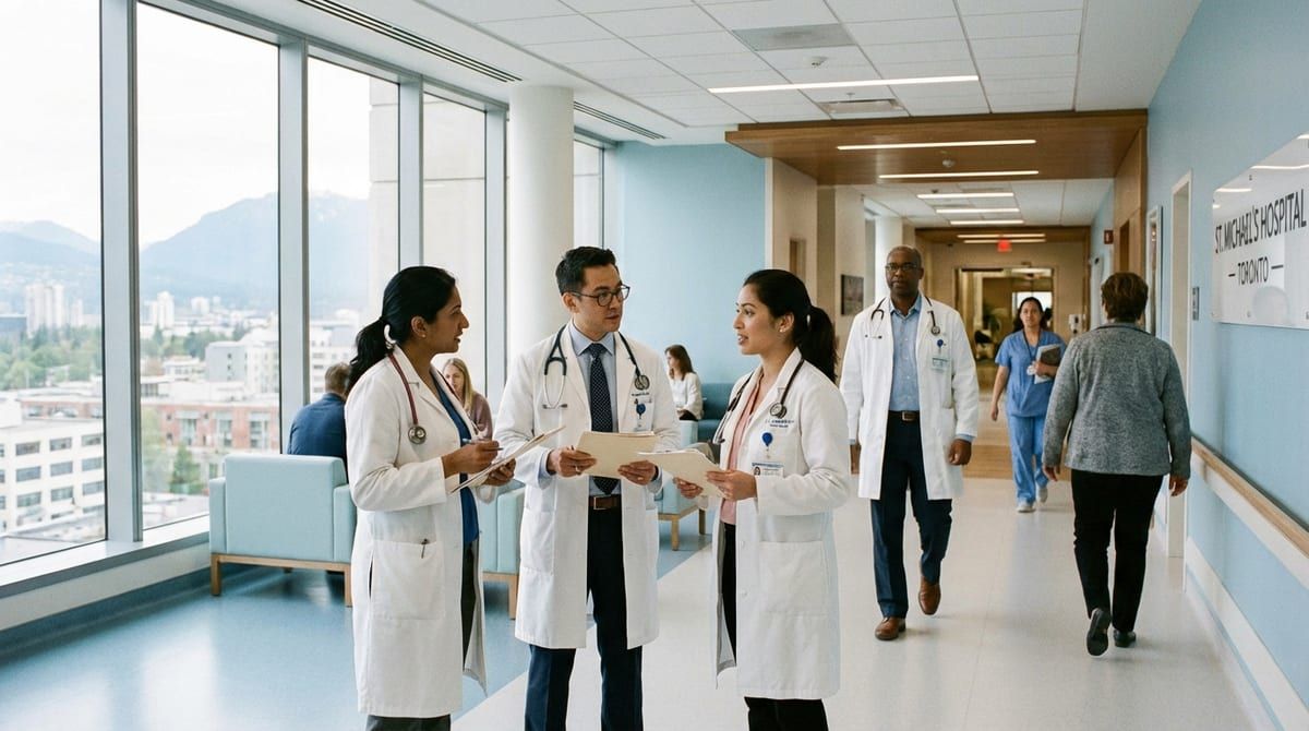 A group of medical doctors in a Canadian hospital discussing patient care.