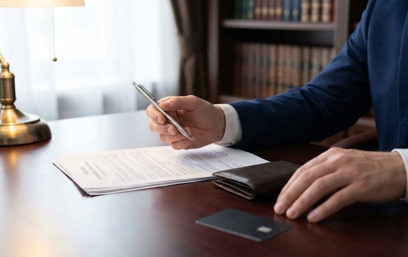 Hands in a tailored suit reviewing legal documents and a blank payment card on a premium dark wood desk.
