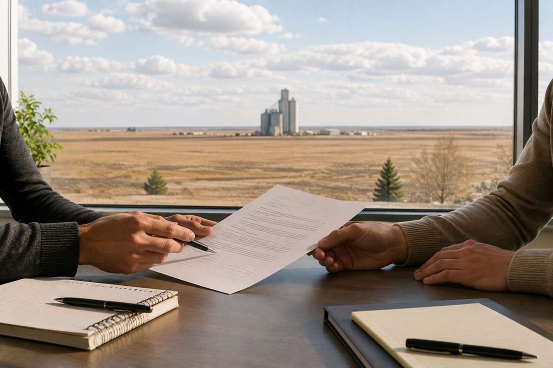Two people review a document at a desk overlooking an open prairie landscape through a large window.