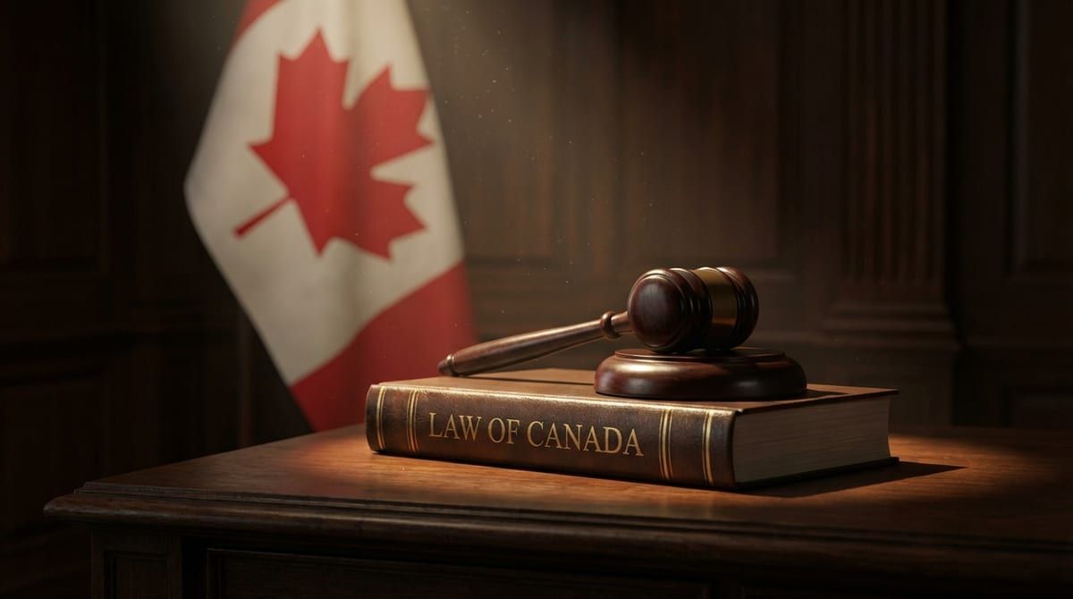 A judge's gavel on a law book with the Canadian flag in the background, symbolizing the new Canadian immigration law, Bill C-12.