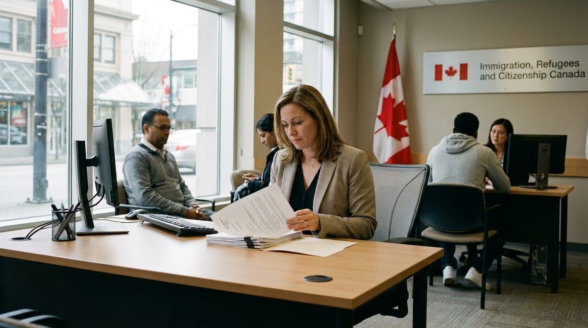 Canadian immigration professional reviewing permanent residence application documents.