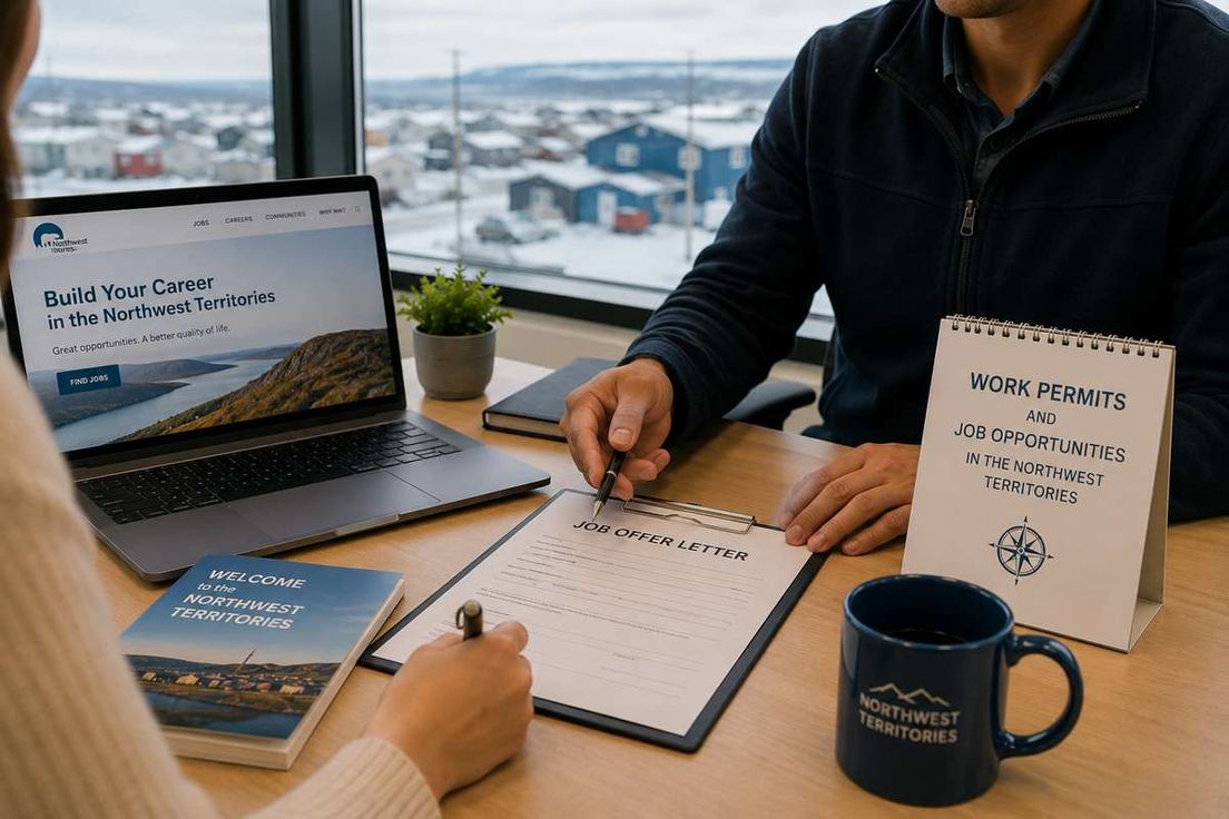 A person points a pen at a job offer letter on a desk with a laptop showing Northwest Territories job details.