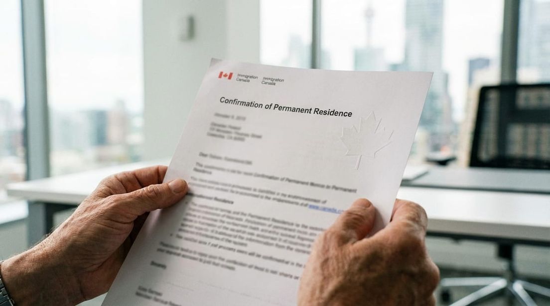 Hands holding a Canadian Confirmation of Permanent Residence document in an office.