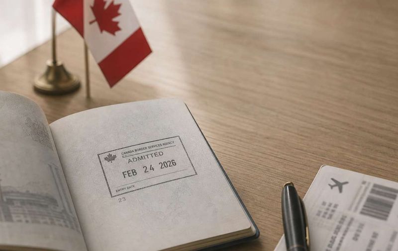 Open passport with a Canadian entry stamp on a desk beside a pen, boarding pass, and small Canadian flag.