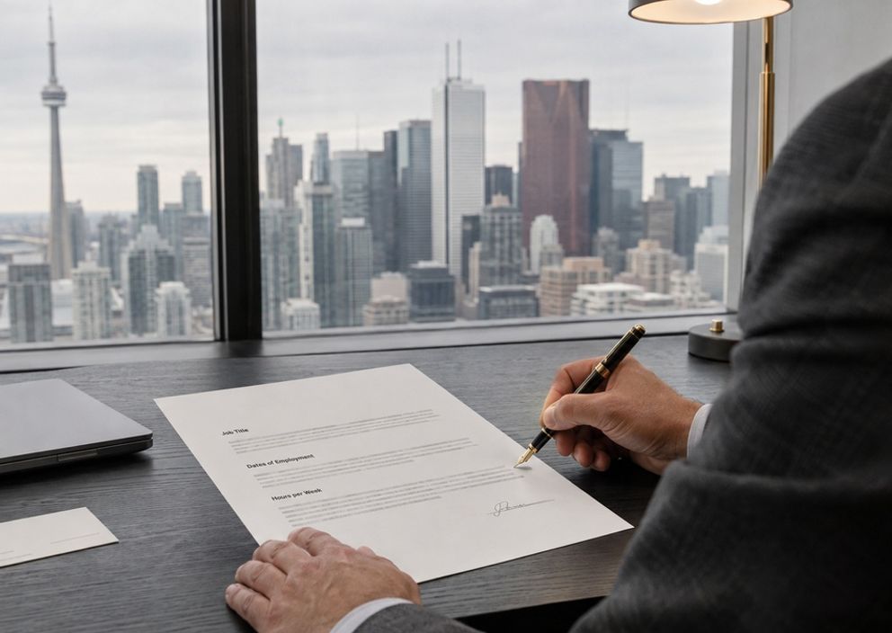 A person in a suit signs an employment letter at a desk overlooking the Toronto skyline.