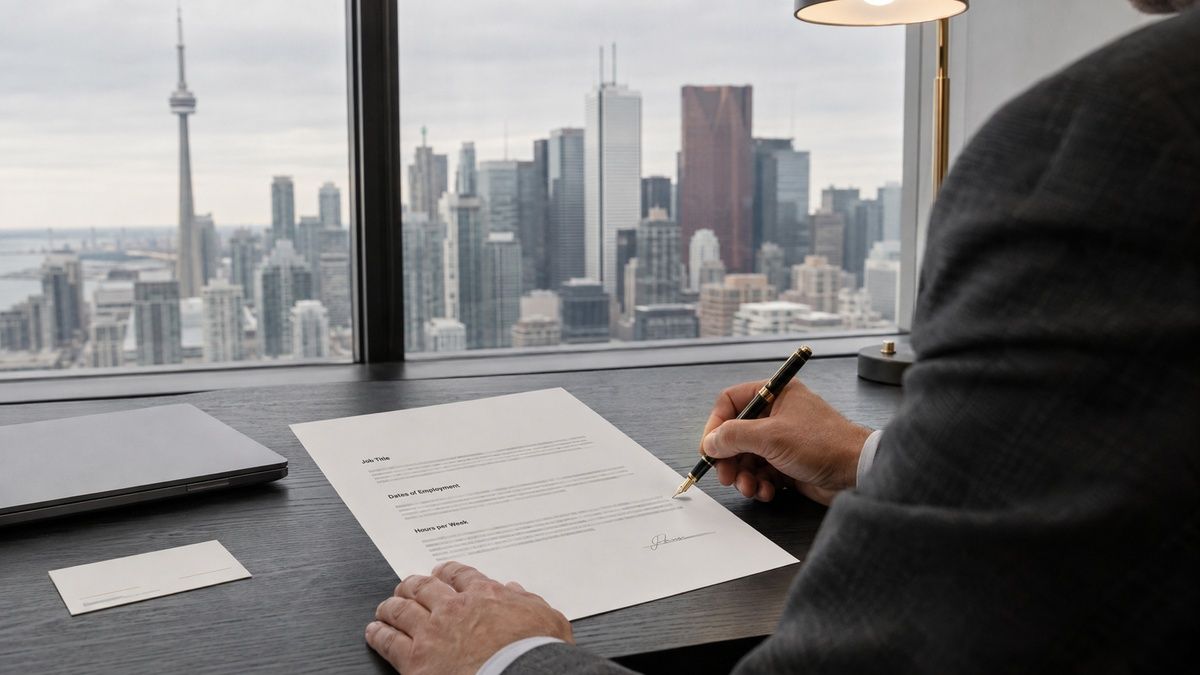A person in a suit signs an employment letter at a desk overlooking the Toronto skyline.