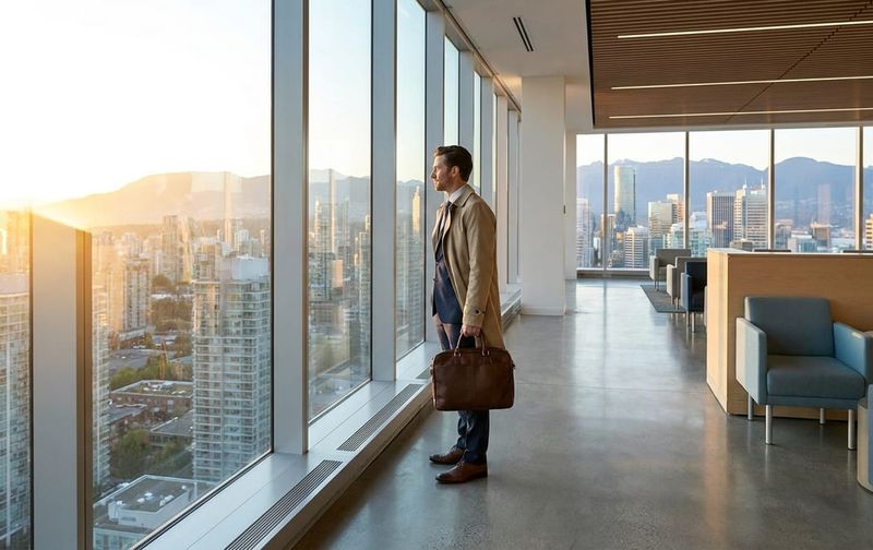 A business traveler looking out a large window at a Canadian city skyline from a modern airport terminal.