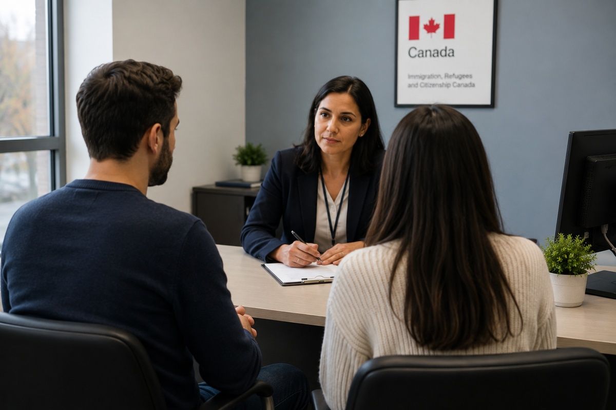 A couple sits across a desk from a Canadian immigration officer during an interview.