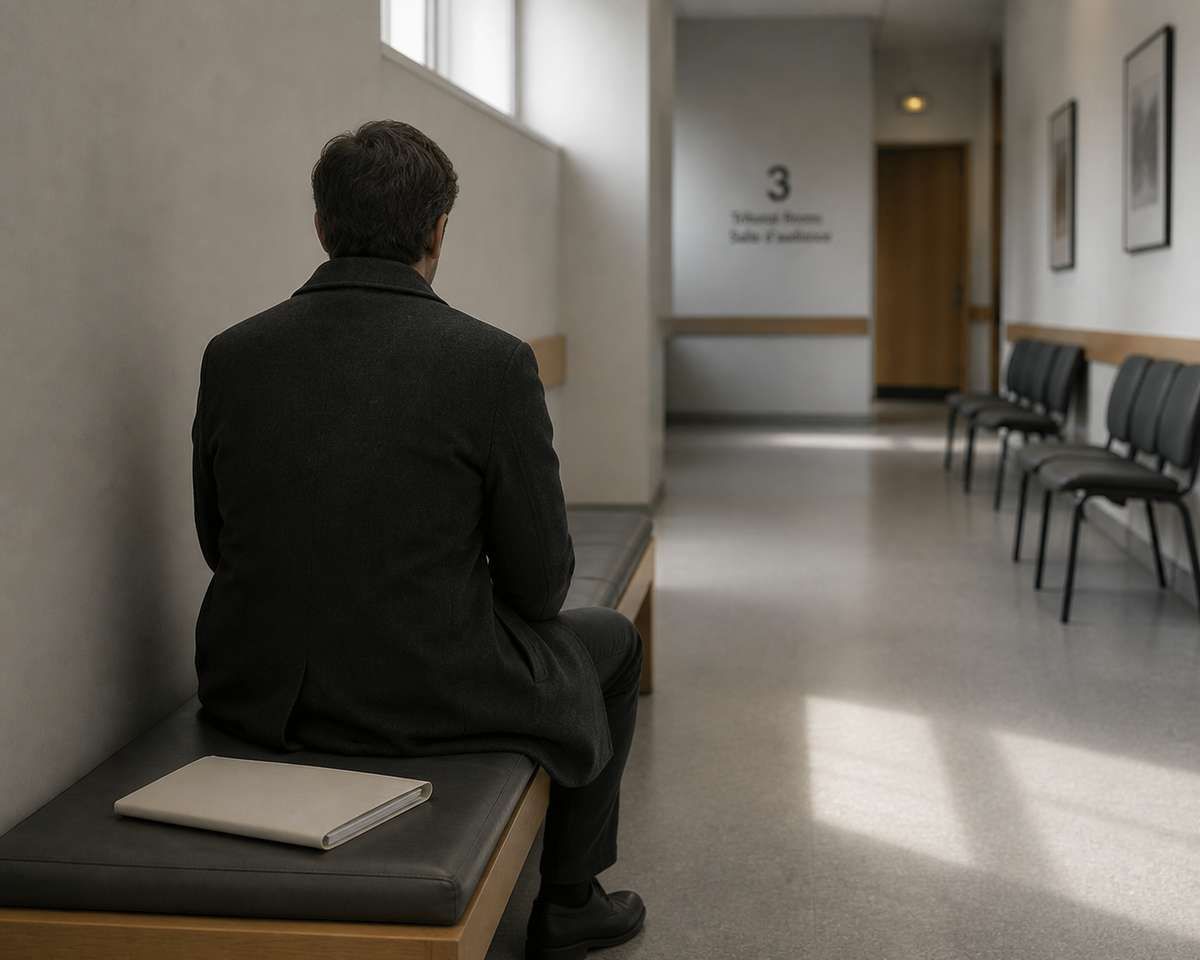 A man in a dark coat sits on a bench in an empty hallway with a folder beside him.