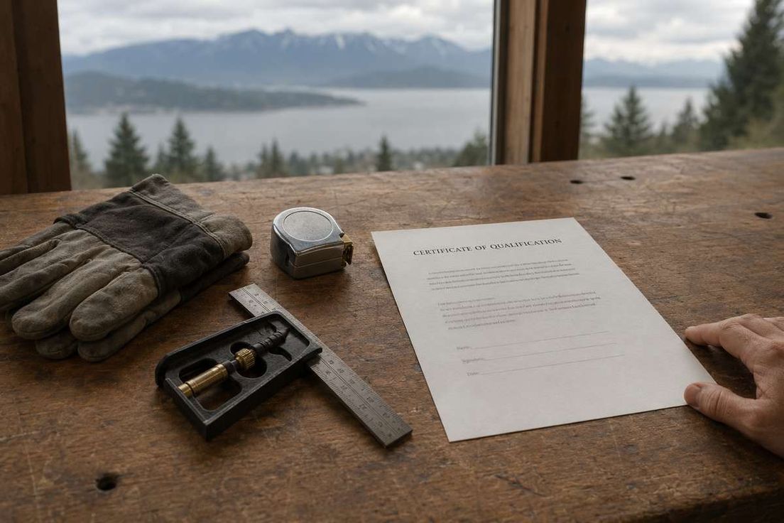 A certificate of qualification, work gloves, and tools on a wooden workbench overlooking mountains.