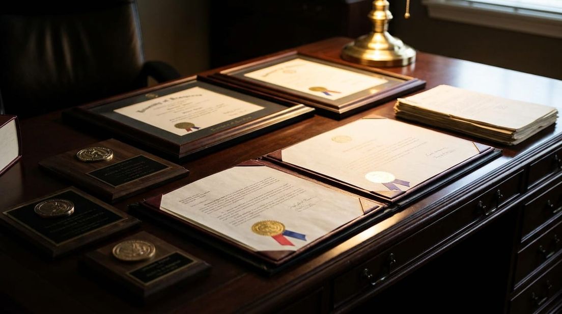 Close-up of professional legal documents and academic degrees on a wooden desk