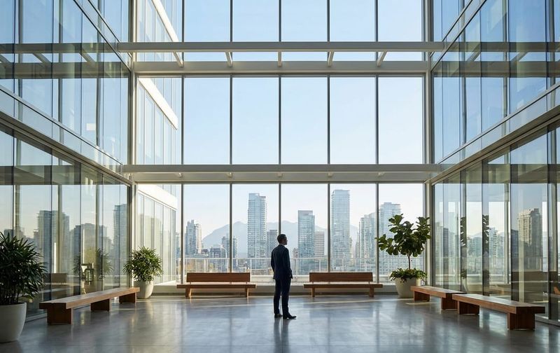 An executive looking out of a modern Canadian office window at a sunlit metropolitan skyline.