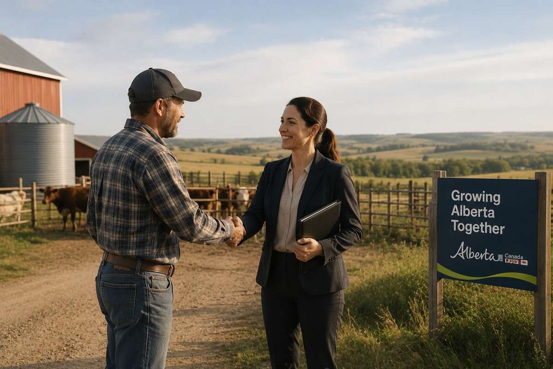 A professional woman shakes hands with a farmer on a rural Alberta farm.