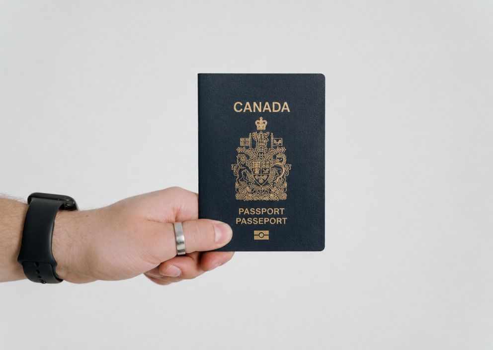 A hand holding a dark blue Canadian passport against a plain light background.