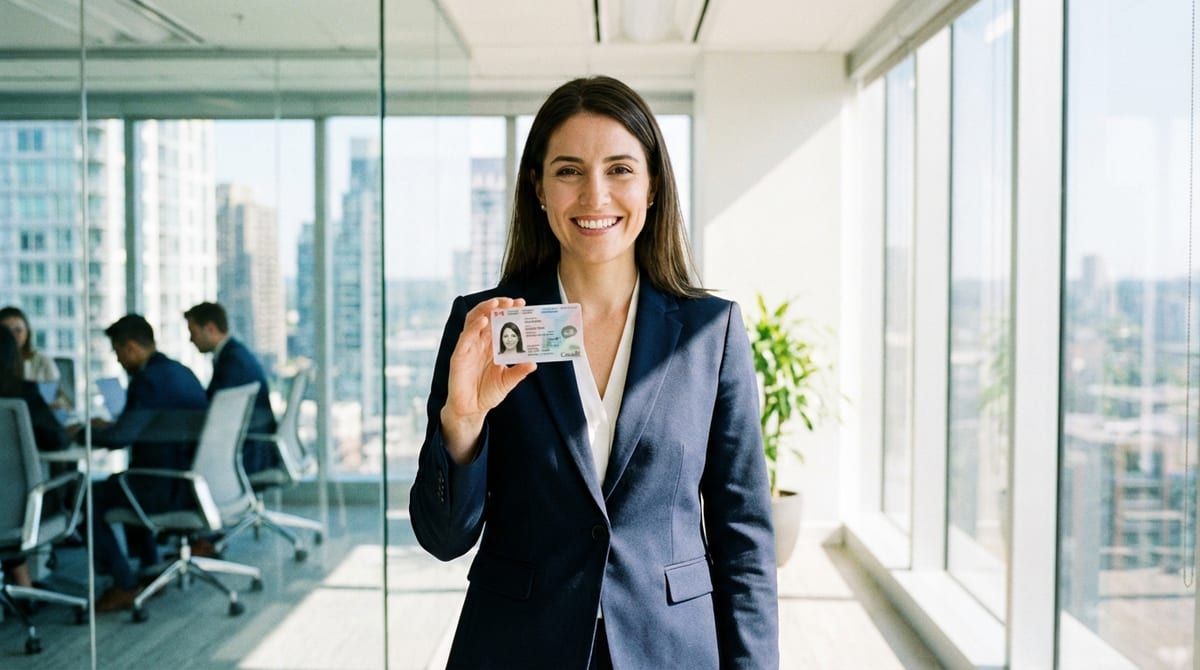A senior manager holding her Canadian permanent resident card in a modern office.
