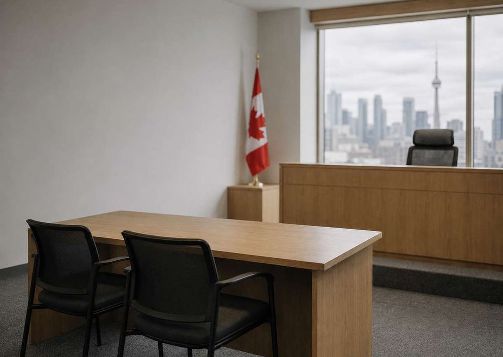 Empty hearing room with wooden tables, a Canadian flag, and a window overlooking the Toronto skyline.