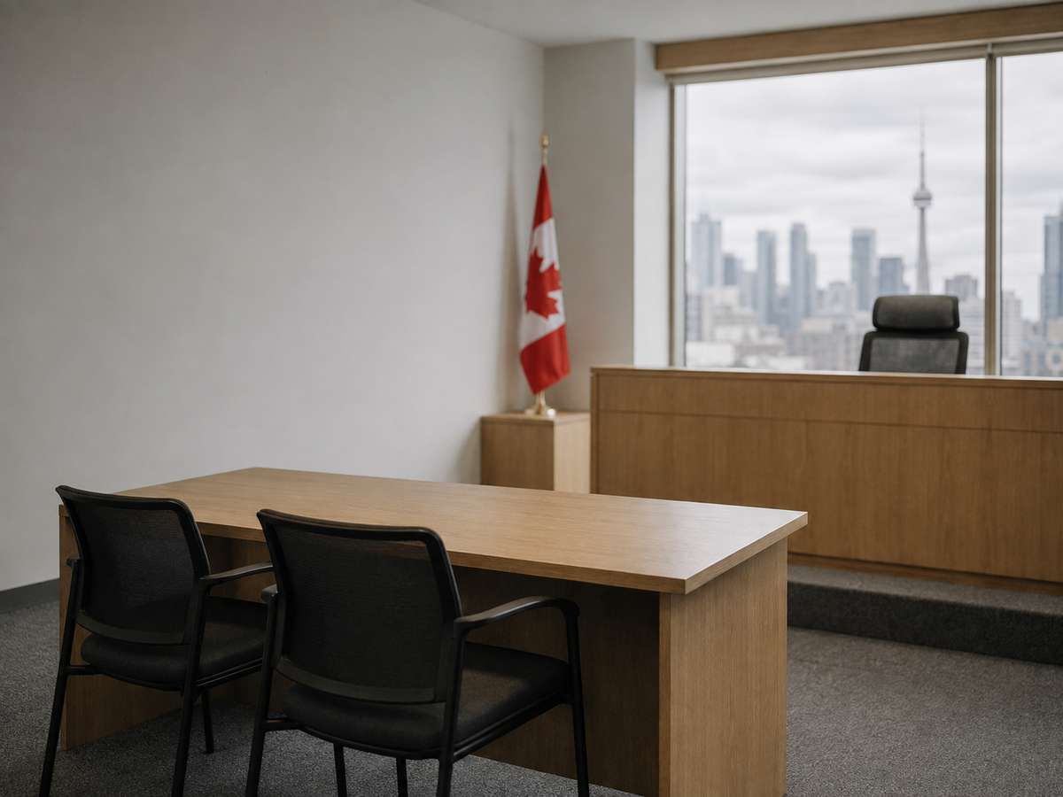 Empty hearing room with wooden tables, a Canadian flag, and a window overlooking the Toronto skyline.