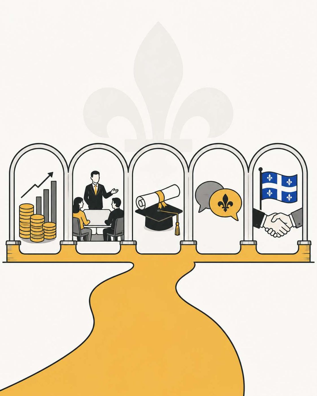 A yellow path leading to five arches showing finance, business, education, and French icons under a fleur-de-lis.