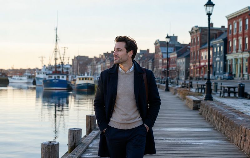 A man in a coat walks along a wooden boardwalk beside a harbor with boats and historic buildings.