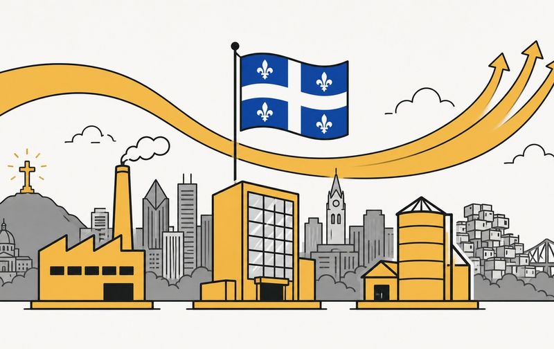 Illustration of the Quebec flag over a cityscape with industrial buildings and rising growth arrows.