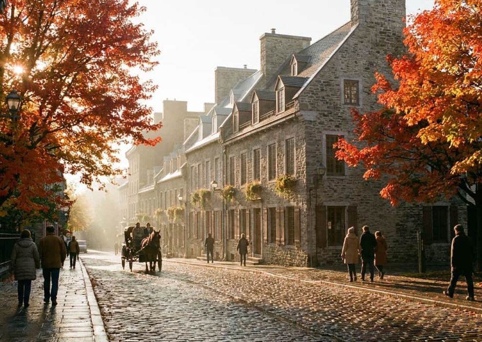Sunlit historic French-Canadian street in autumn, symbolizing a hopeful path to living in Canada.