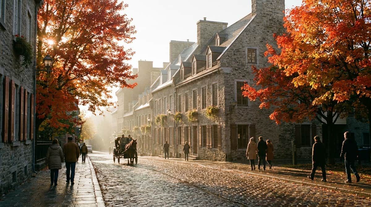 Sunlit historic French-Canadian street in autumn, symbolizing a hopeful path to living in Canada.