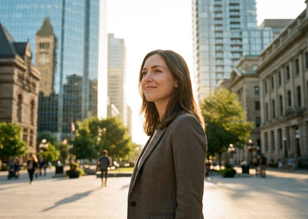 A smiling professional standing in a sunlit Canadian city plaza with historic and modern architecture.