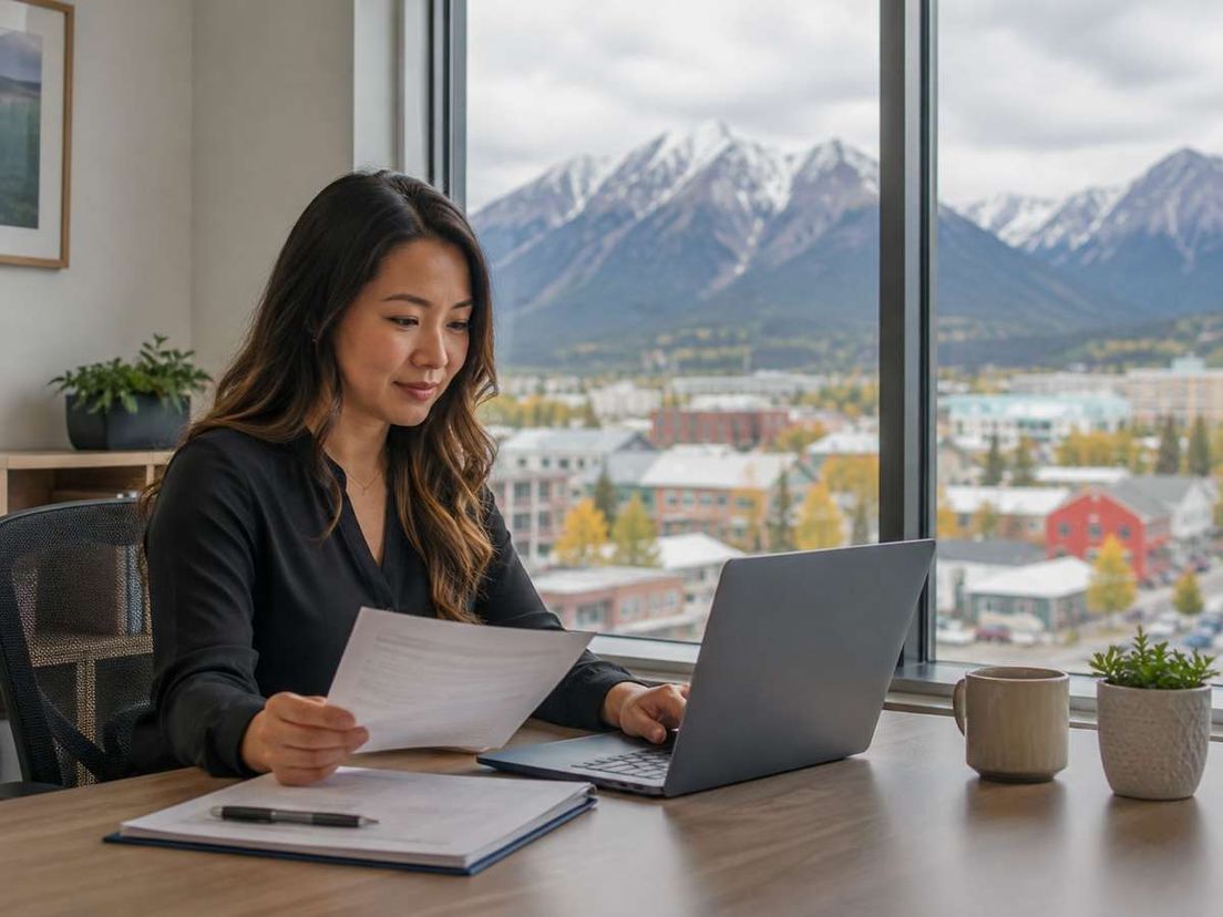 A woman reviews documents at a desk with a laptop in front of a window showing snow-capped mountains.
