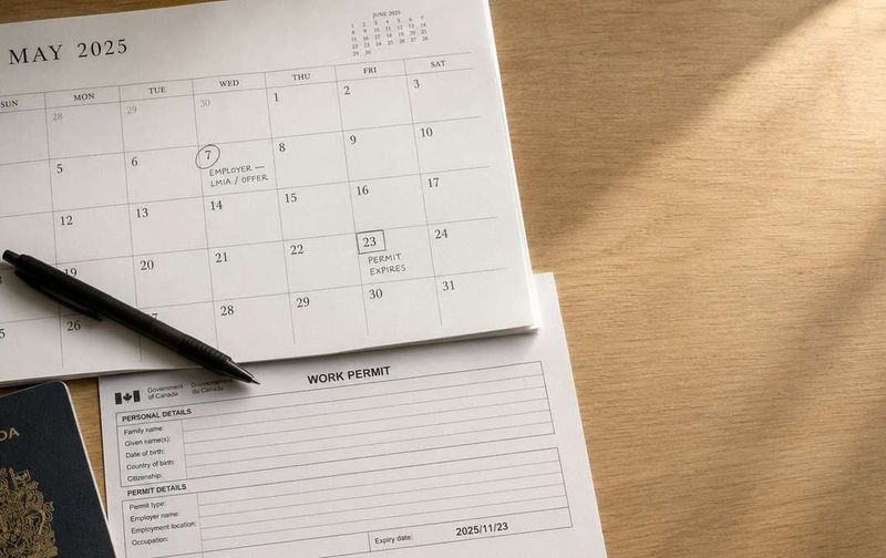 A calendar, pen, Canadian passport, and work permit form on a wooden desk.