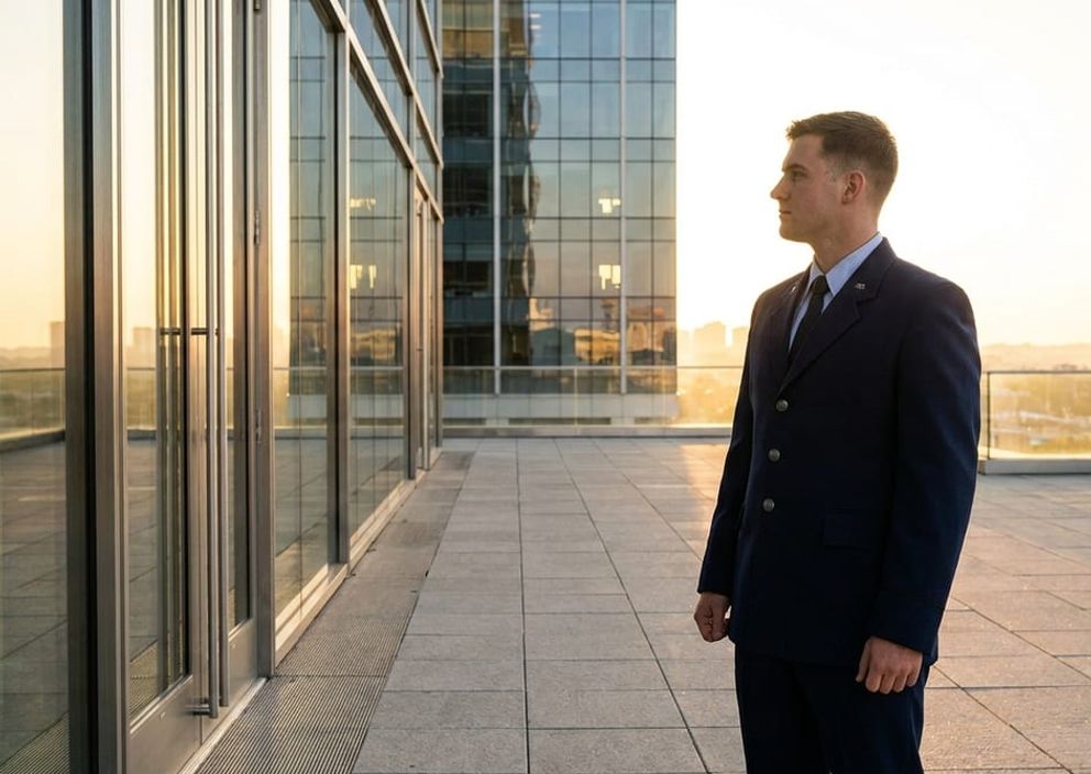 Military recruit in uniform standing outdoors near modern architecture at sunrise, looking toward the horizon.