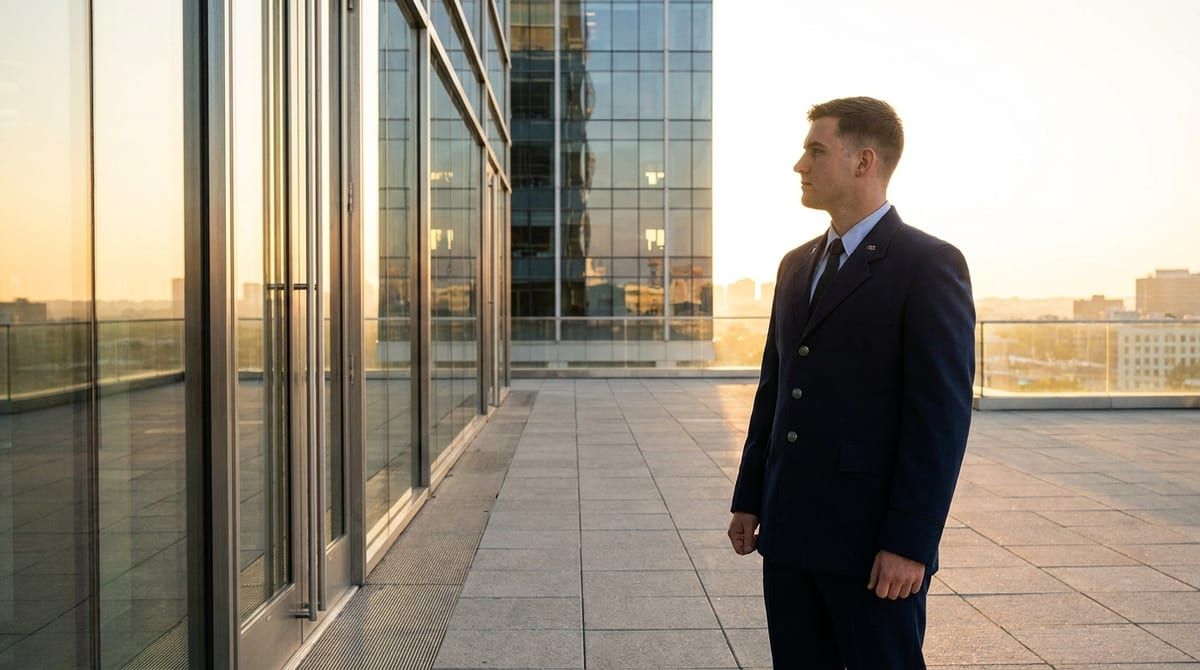Military recruit in uniform standing outdoors near modern architecture at sunrise, looking toward the horizon.