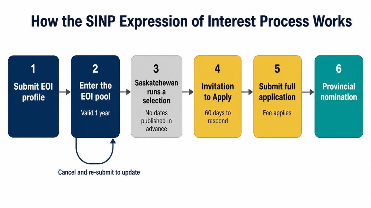 Flowchart outlining the 6 steps of the SINP Expression of Interest process from profile submission to nomination.