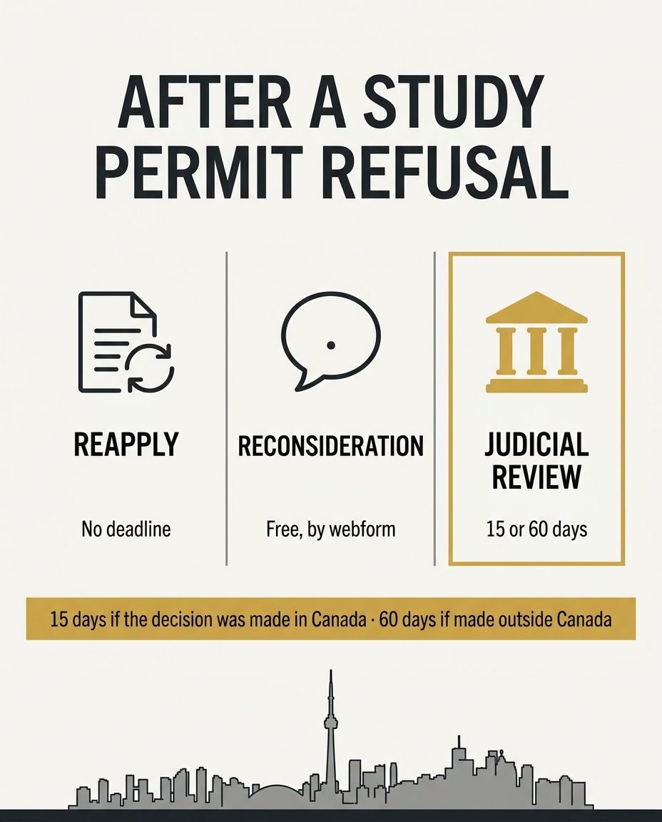 Infographic showing options after a study permit refusal: reapply, reconsideration, and judicial review.