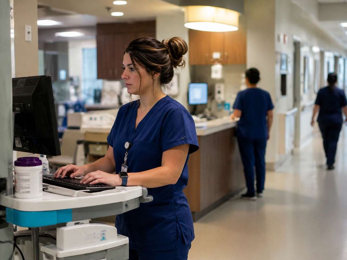 A female nurse in blue scrubs works at a computer workstation in a bright hospital hallway.