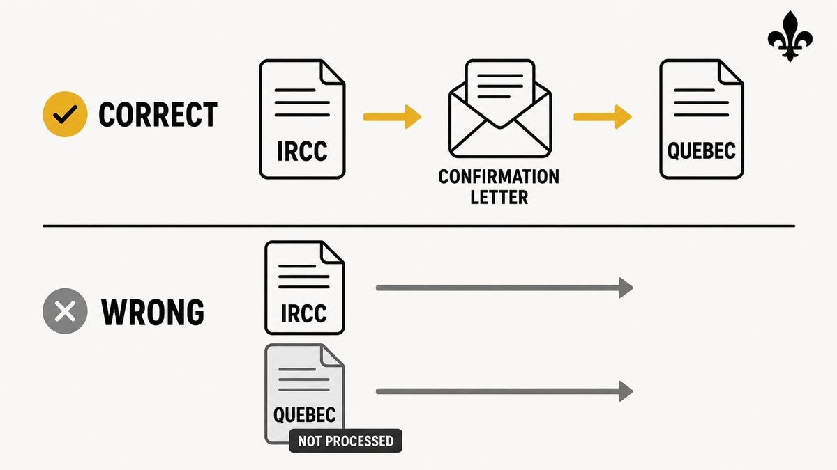 Flowchart showing the correct sequential filing order from IRCC to Quebec versus incorrect simultaneous filing.