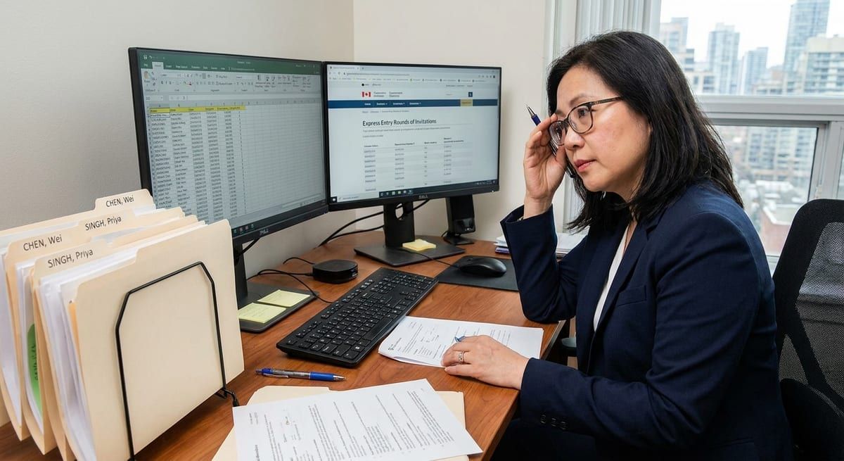 Immigration professional reviewing Express Entry draw results and client files
