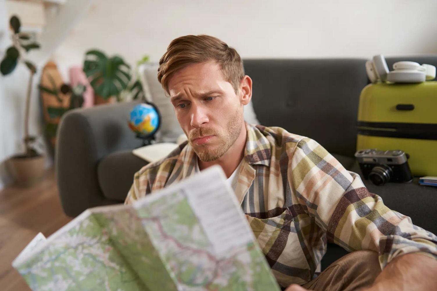Concerned man reviewing travel documents after permanent resident application delay